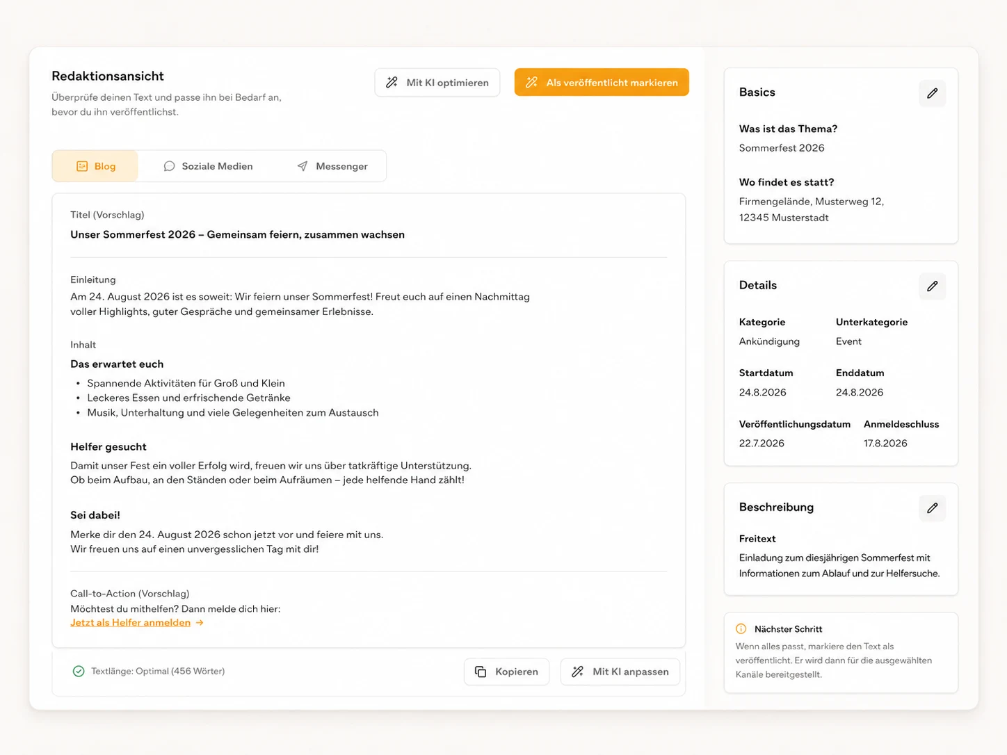 PressBuddy Redaktionsansicht: Text prüfen, mit KI optimieren und freigeben