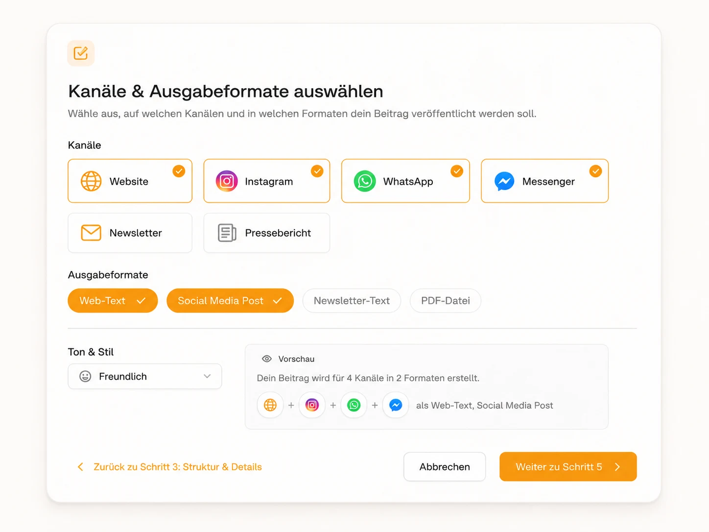 PressBuddy Kanal-Auswahl: fertige Texte für Website, Social Media und Newsletter